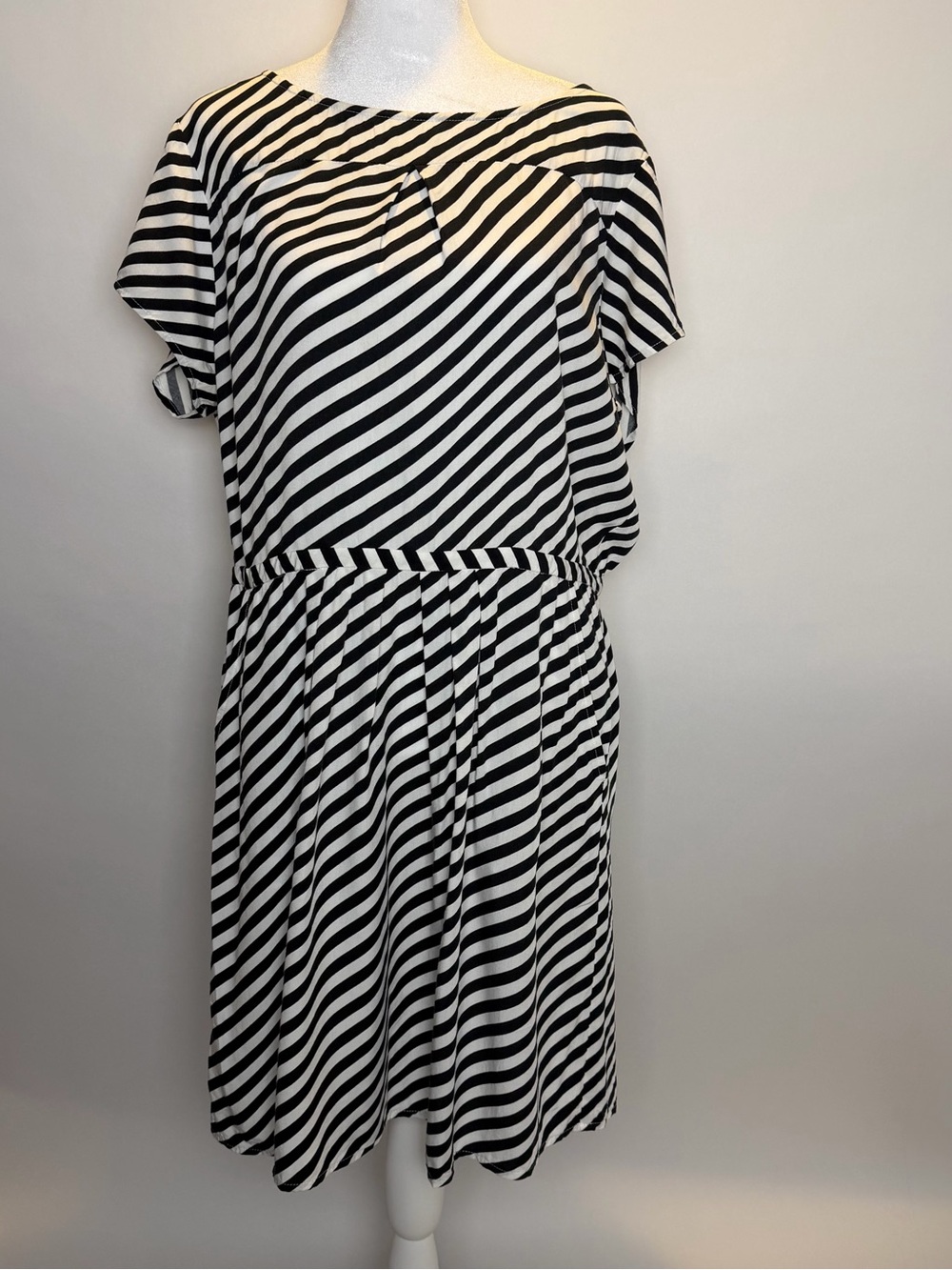Navy & White Striped Midi Dress with Relaxed Waist
